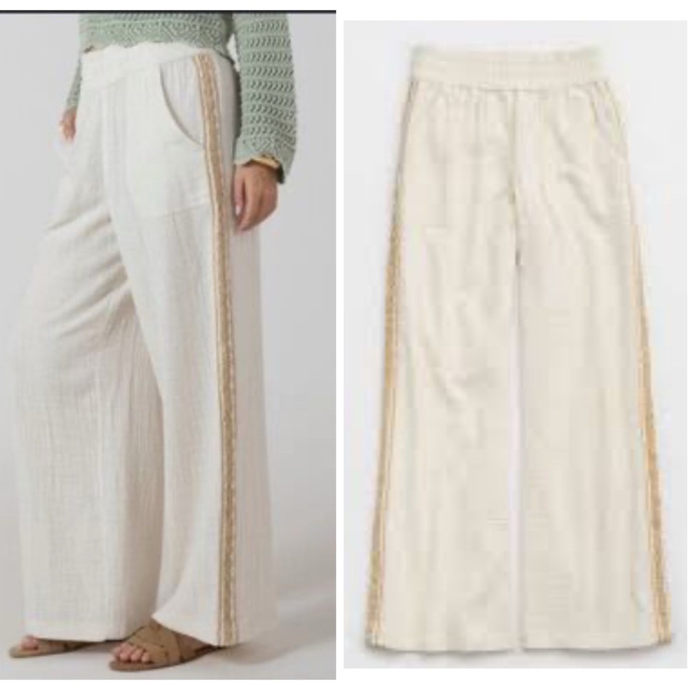 Aerie Summer Reset Wide Leg Pants Size S/P Cream Gauze Crochet Side Trim Beachy